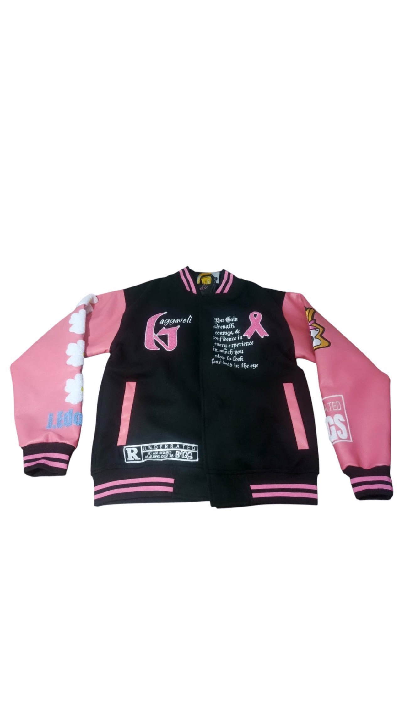 Black and Pink Cancer Awareness Varsity Jacket
